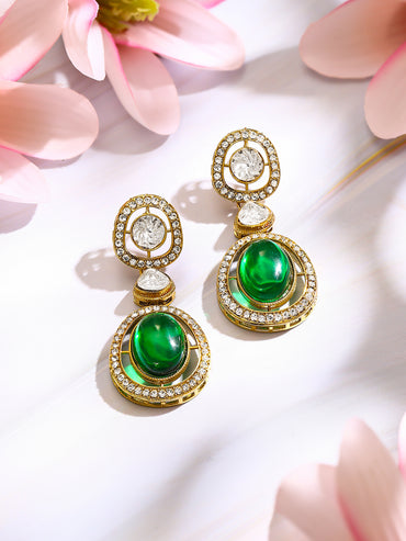 Gold Plated Emerald Regal Polki Halo Statement Drop Earrings