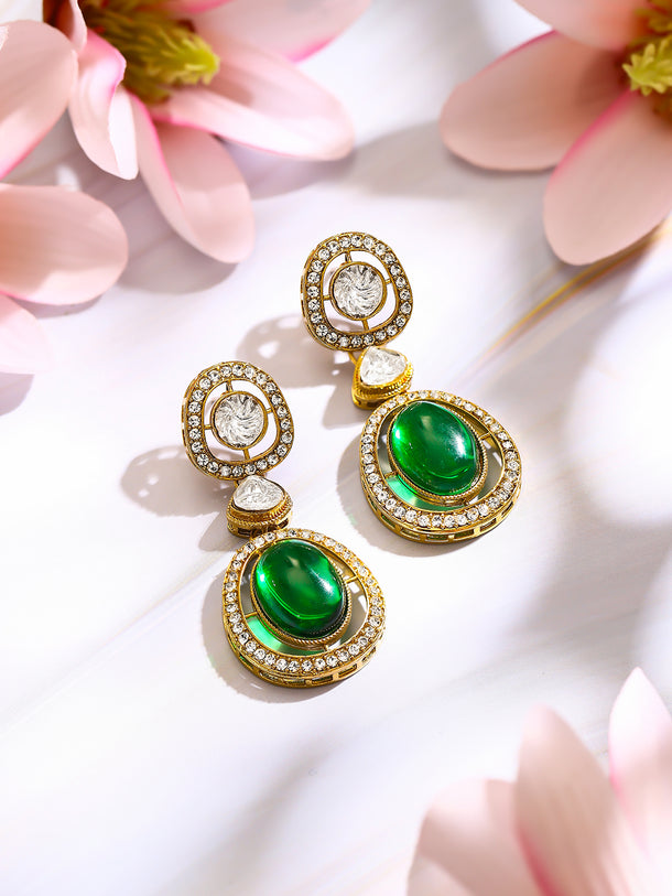 Gold Plated Emerald Regal Polki Halo Statement Drop Earrings