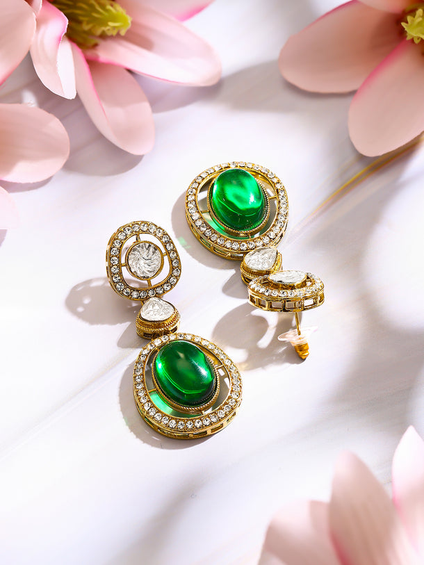 Gold Plated Emerald Regal Polki Halo Statement Drop Earrings