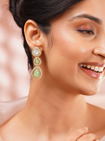 Gold Plated Pistachio Mint Polki Glow Triple Drop Earrings