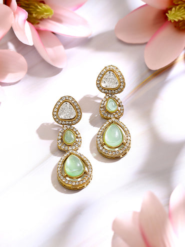 Gold Plated Pistachio Mint Polki Glow Triple Drop Earrings