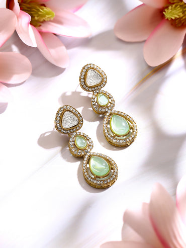 Gold Plated Pistachio Mint Polki Glow Triple Drop Earrings