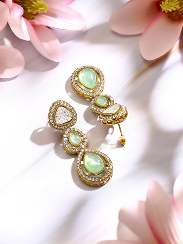 Gold Plated Pistachio Mint Polki Glow Triple Drop Earrings