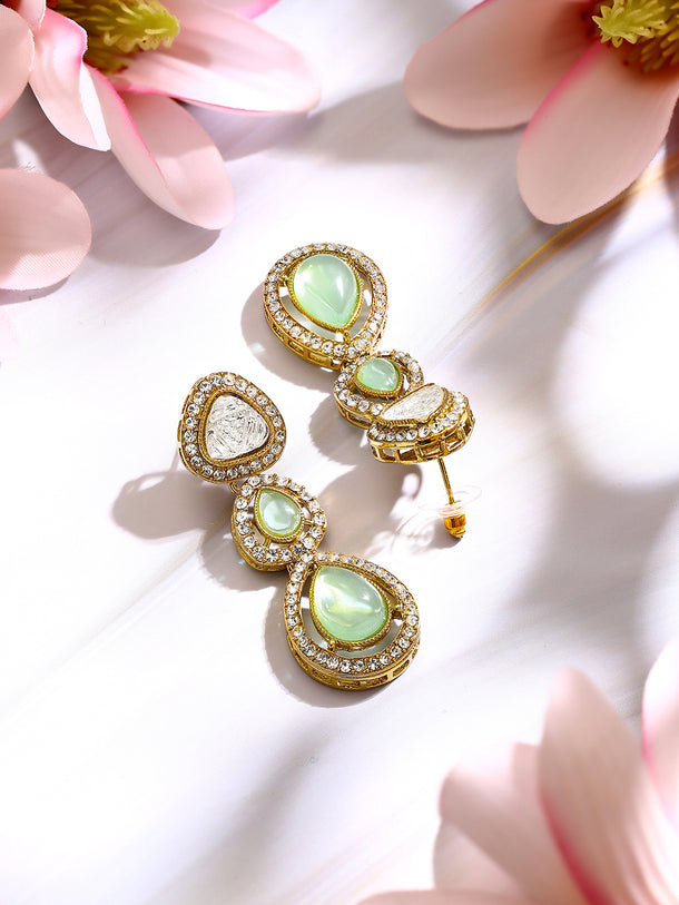 Gold Plated Pistachio Mint Polki Glow Triple Drop Earrings