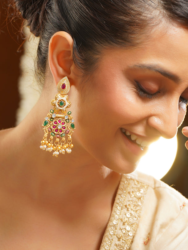 Gold Plated Heritage Ivory Meenakari Ruby Emerald Pearl Cluster Earrings