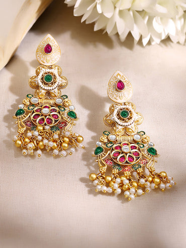 Gold Plated Heritage Ivory Meenakari Ruby Emerald Pearl Cluster Earrings
