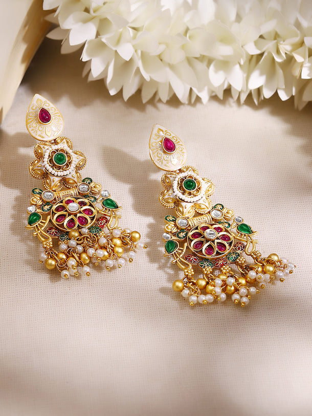 Gold Plated Heritage Ivory Meenakari Ruby Emerald Pearl Cluster Earrings
