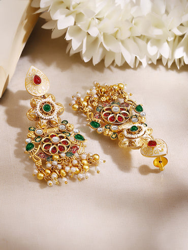 Gold Plated Heritage Ivory Meenakari Ruby Emerald Pearl Cluster Earrings