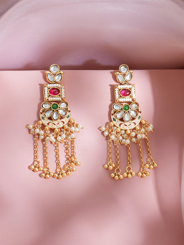 Gold Plated Enamel Kundan Bloom Ghungroo Tassel Earrings