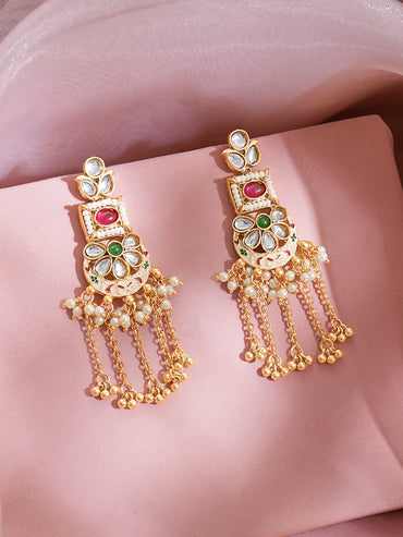 Gold Plated Enamel Kundan Bloom Ghungroo Tassel Earrings
