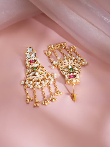 Gold Plated Enamel Kundan Bloom Ghungroo Tassel Earrings