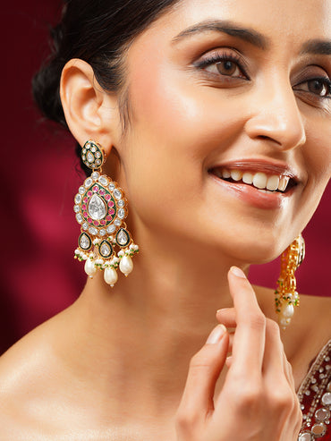 Gold Plated Royal Green Enamel Kundan Pearl Drop Earrings