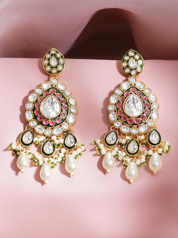 Gold Plated Royal Green Enamel Kundan Pearl Drop Earrings