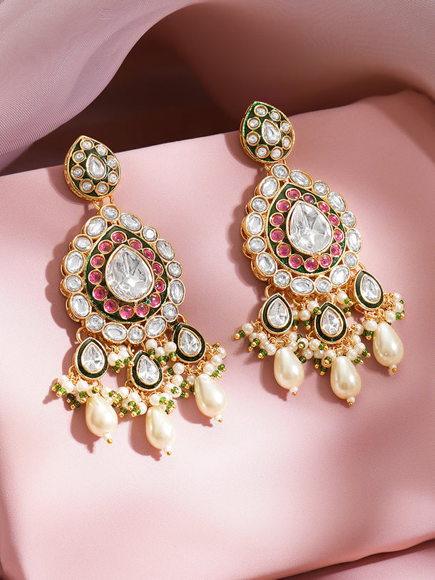 Gold Plated Royal Green Enamel Kundan Pearl Drop Earrings