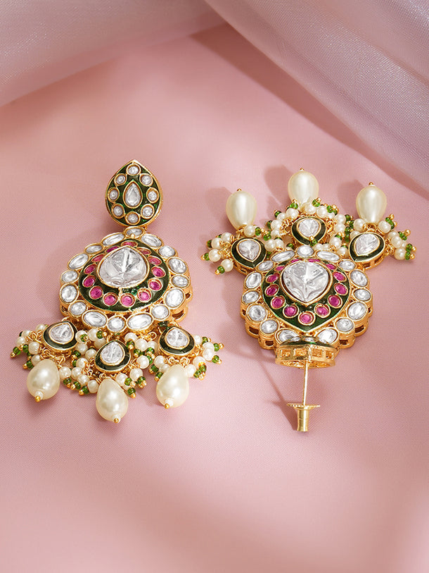 Gold Plated Royal Green Enamel Kundan Pearl Drop Earrings