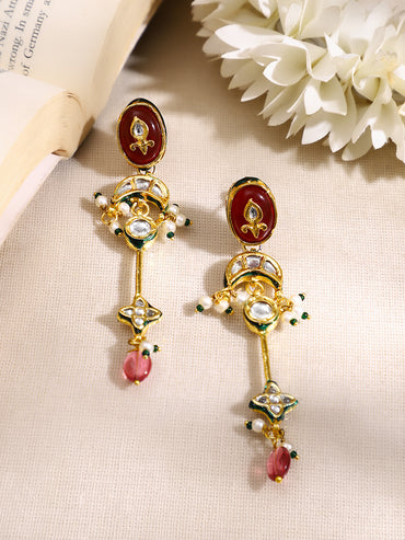 Gold Plated Red kundan dangler earrings