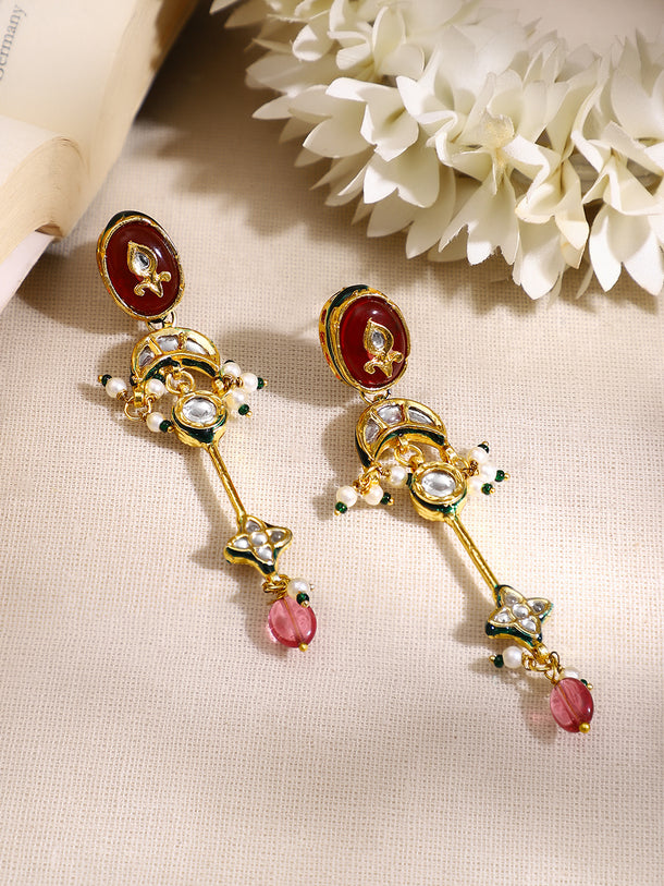 Gold Plated Red kundan dangler earrings