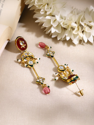 Gold Plated Red kundan dangler earrings