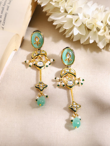 Gold Plated Green kundan dangler earrings