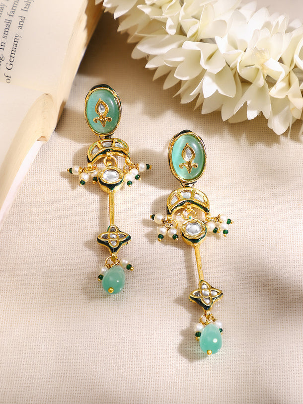Gold Plated Green kundan dangler earrings