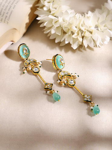 Gold Plated Green kundan dangler earrings