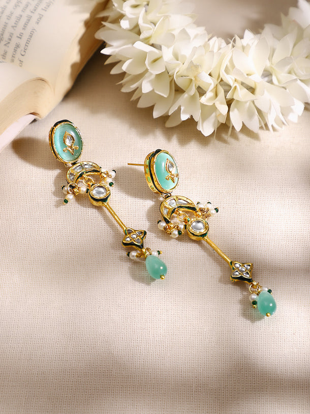 Gold Plated Green kundan dangler earrings