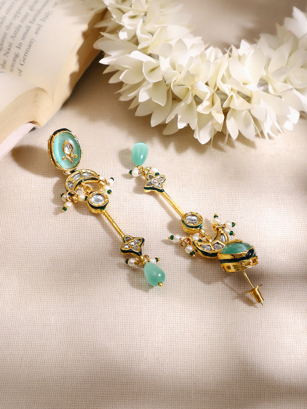 Gold Plated Green kundan dangler earrings