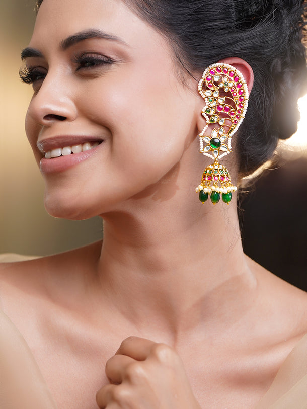 Wedding Glow Peacock Kundan Earcuff Jhumkas