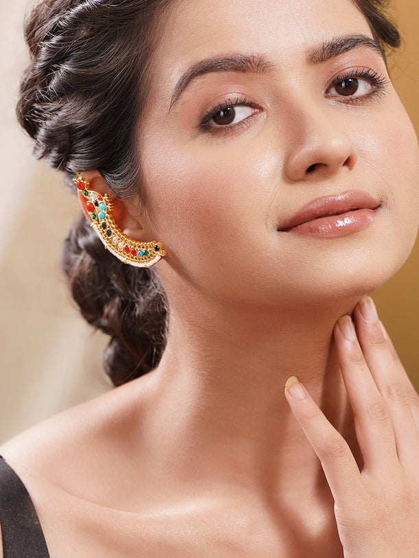 Gold Plated Multicolour Kundan Pearl Peacock Motif Ear Cuff Earring