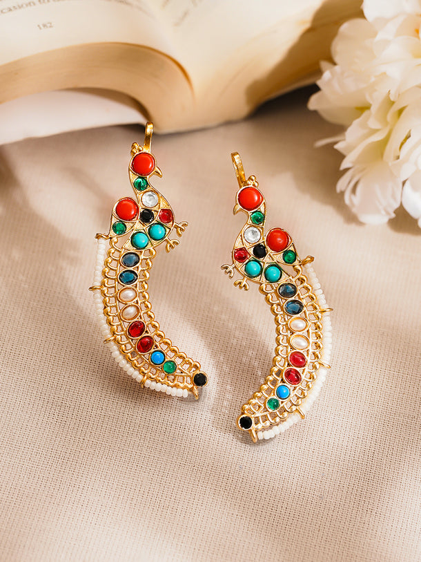 Gold Plated Multicolour Kundan Pearl Peacock Motif Ear Cuff Earring
