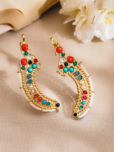 Gold Plated Multicolour Kundan Pearl Peacock Motif Ear Cuff Earring