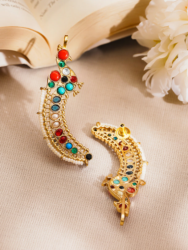 Gold Plated Multicolour Kundan Pearl Peacock Motif Ear Cuff Earring