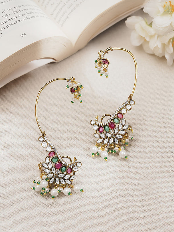 Gold Plated Pearl Beaded Kundan Ear Cuffs