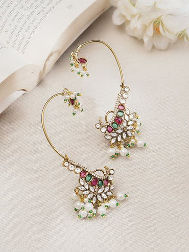 Gold Plated Pearl Beaded Kundan Ear Cuffs