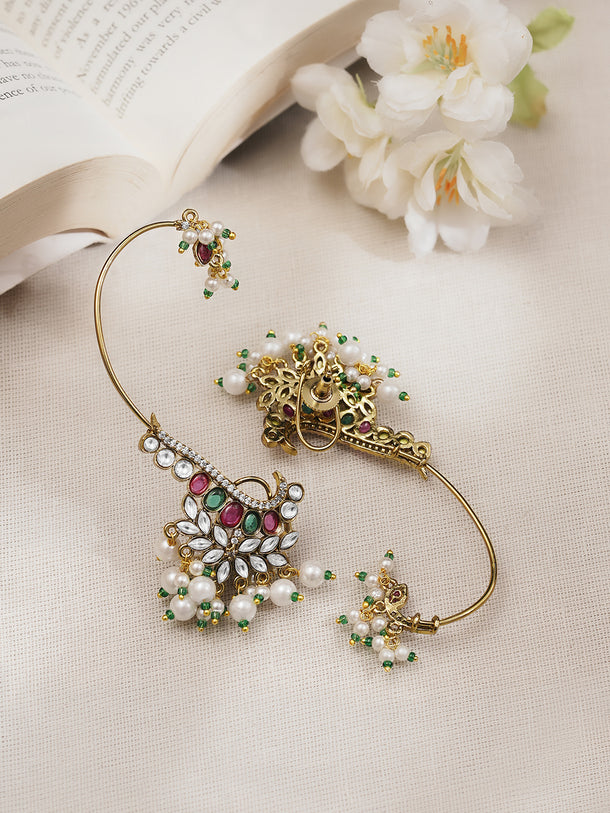 Gold Plated Pearl Beaded Kundan Ear Cuffs