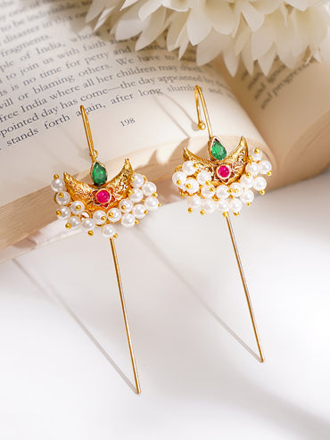 Gold Plated Moon Motif Pearl Beaded Red & Green Cuff Earrings
