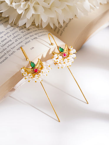 Gold Plated Moon Motif Pearl Beaded Red & Green Cuff Earrings