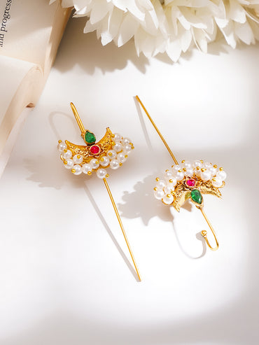 Gold Plated Moon Motif Pearl Beaded Red & Green Cuff Earrings