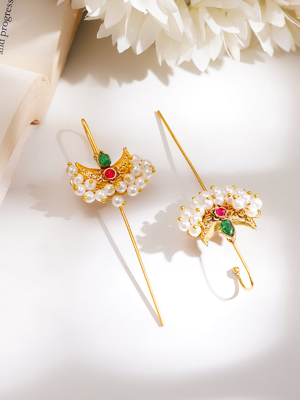 Gold Plated Moon Motif Pearl Beaded Red & Green Cuff Earrings