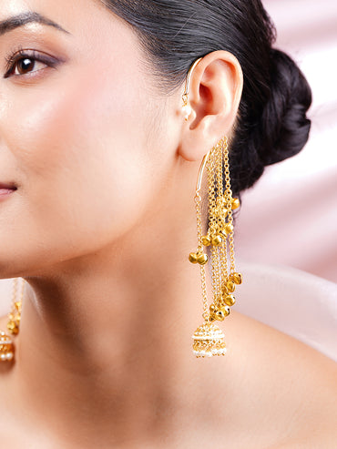 Gold-Plated Layered Chain Pearl Jhumka Ear Cuff Earrings