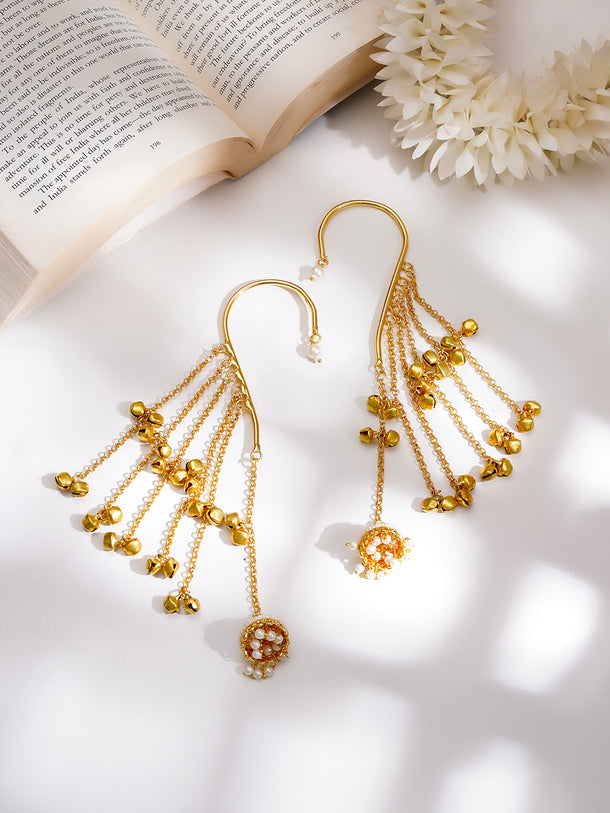 Gold-Plated Layered Chain Pearl Jhumka Ear Cuff Earrings