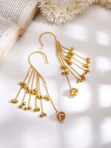Gold-Plated Layered Chain Pearl Jhumka Ear Cuff Earrings