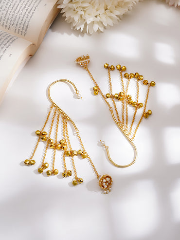 Gold-Plated Layered Chain Pearl Jhumka Ear Cuff Earrings