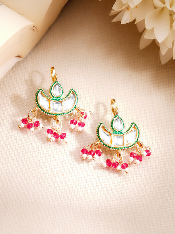 Gold Plated Kundan Crescent Moon Beaded Drop Earrings
