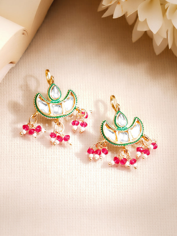 Gold Plated Kundan Crescent Moon Beaded Drop Earrings
