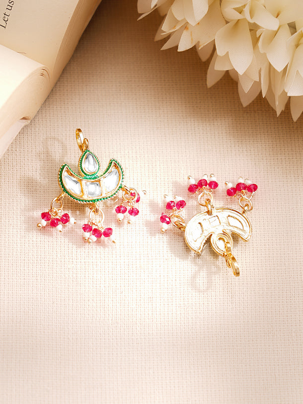 Gold Plated Kundan Crescent Moon Beaded Drop Earrings