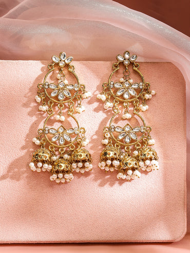 Rubans 18K Gold-Plated Kundan Studded Handcrafted Earrings with Pearl Beads and Jhumka Drops
