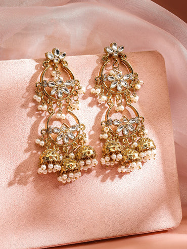Rubans 18K Gold-Plated Kundan Studded Handcrafted Earrings with Pearl Beads and Jhumka Drops