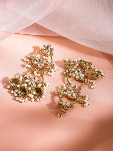 Rubans 18K Gold-Plated Kundan Studded Handcrafted Earrings with Pearl Beads and Jhumka Drops