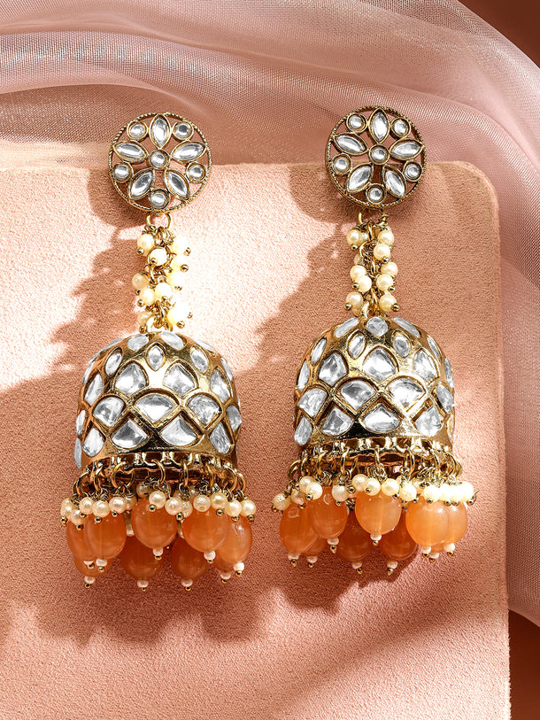 Rubans Handcrafted 22K Gold Plated Kundan Studded Dome Jhumka Earrings with Peach & Pearl Beads